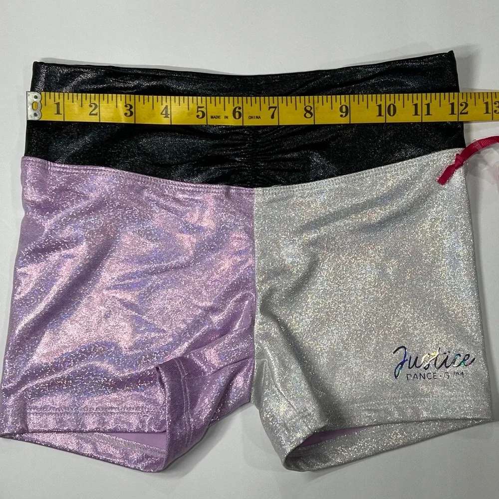 Justice Girls Iridescent Purple Silver Black Foil Dance Gym Shorts Size M 10 New